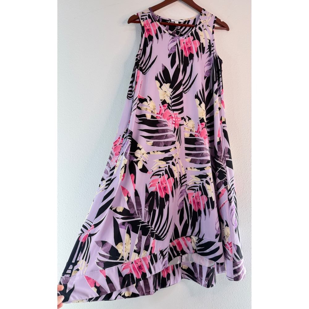 Chico's Zenergy Floral Palms Midi Dress Purple Tropical Print Hi-Low Hem Vaca 6